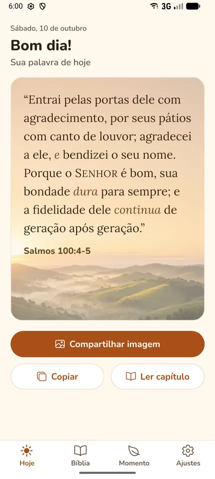 Tela Hoje com o versículo do dia sobre uma foto de amanhecer