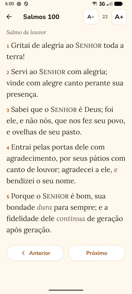Leitura do Salmo 100 em letra grande, com os botões A− e A+